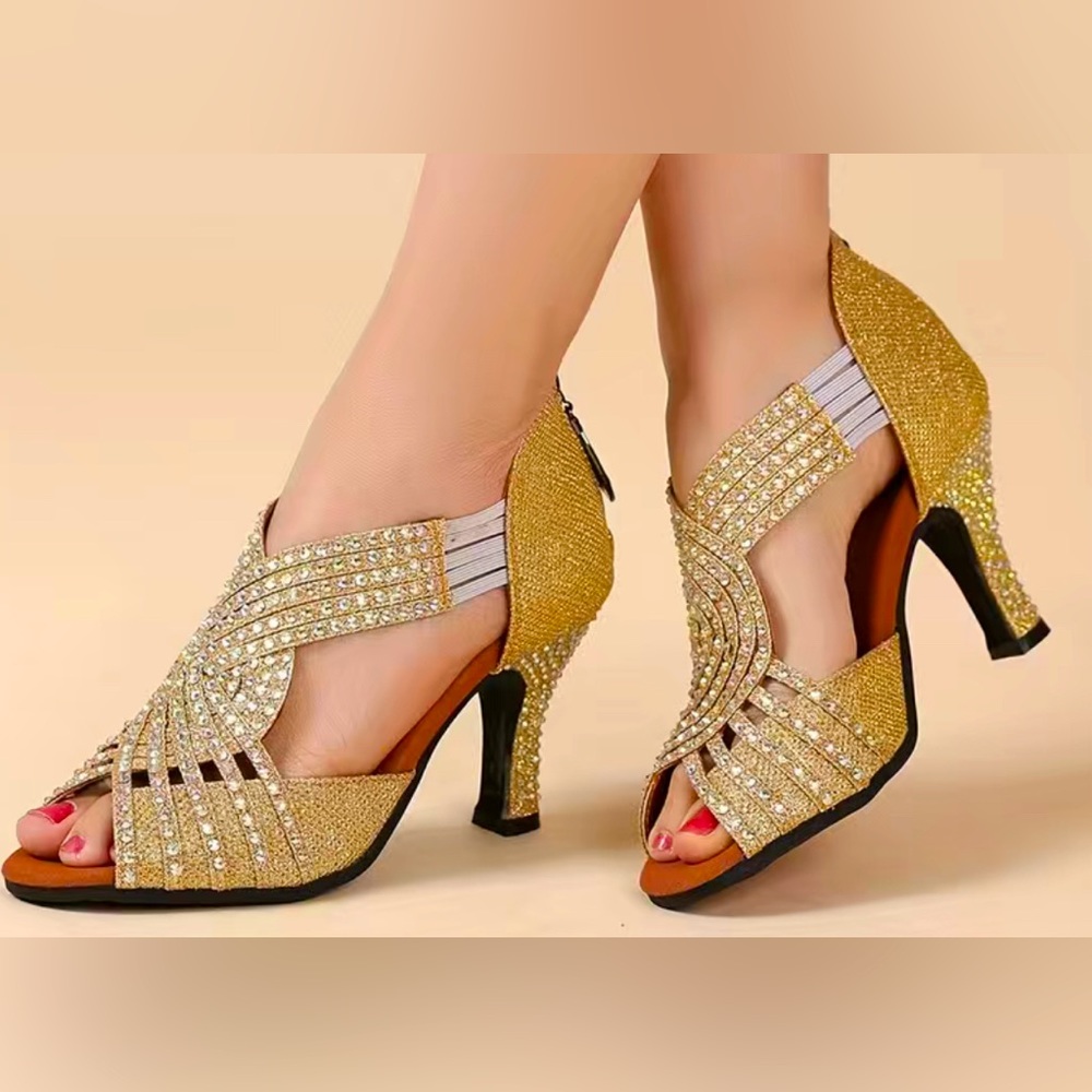 NWT Women’s Gold Rhinestone Medium Heels | Dance Shoes